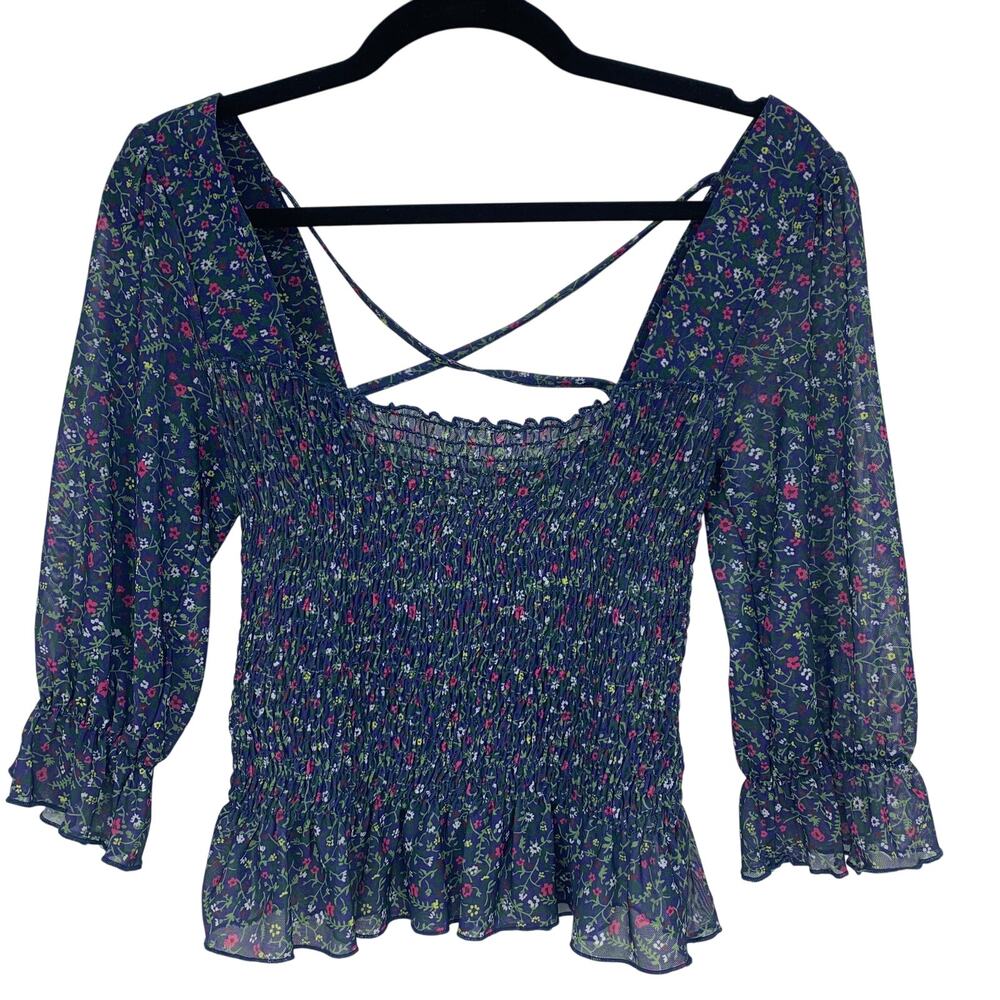 TOPSHOP Blue Floral Half Sleeve Smocked Peplum Criss Cross Back Top Size 6